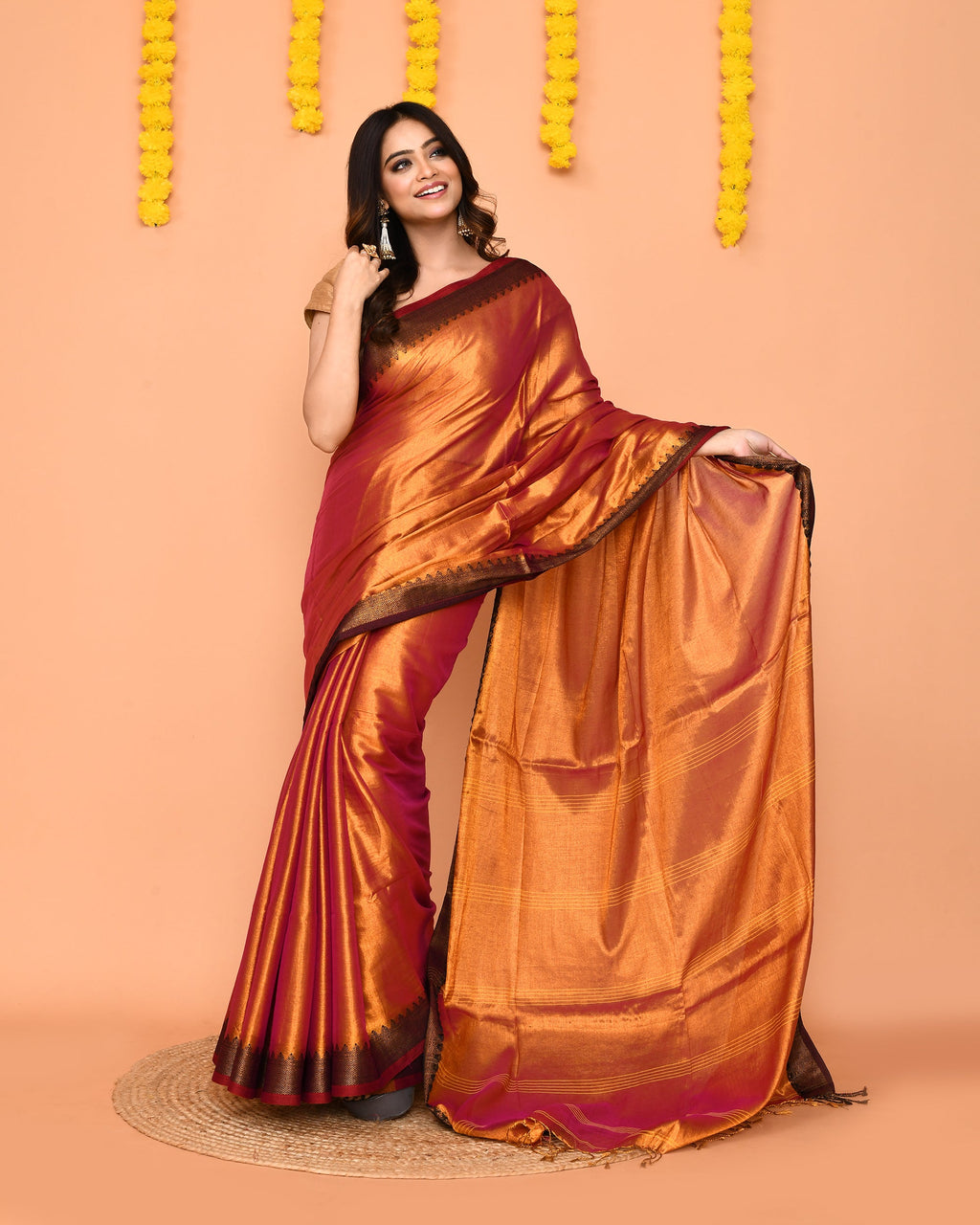Piyari Fashion Women's Pink Yellow Dual Tone Zari Cotton Handloom Tissue Saree