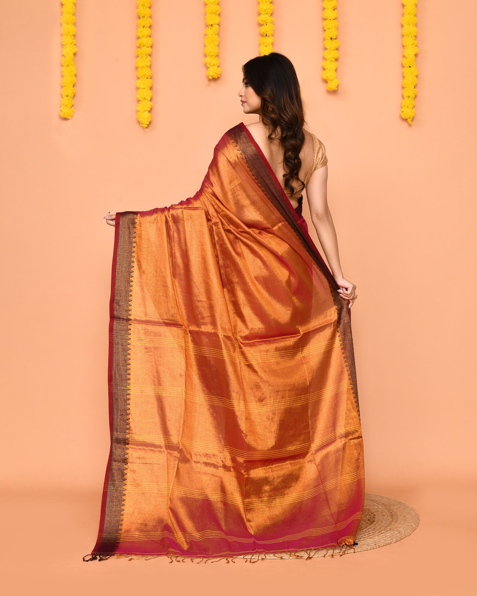Piyari Fashion Women's Pink Yellow Dual Tone Zari Cotton Handloom Tissue Saree