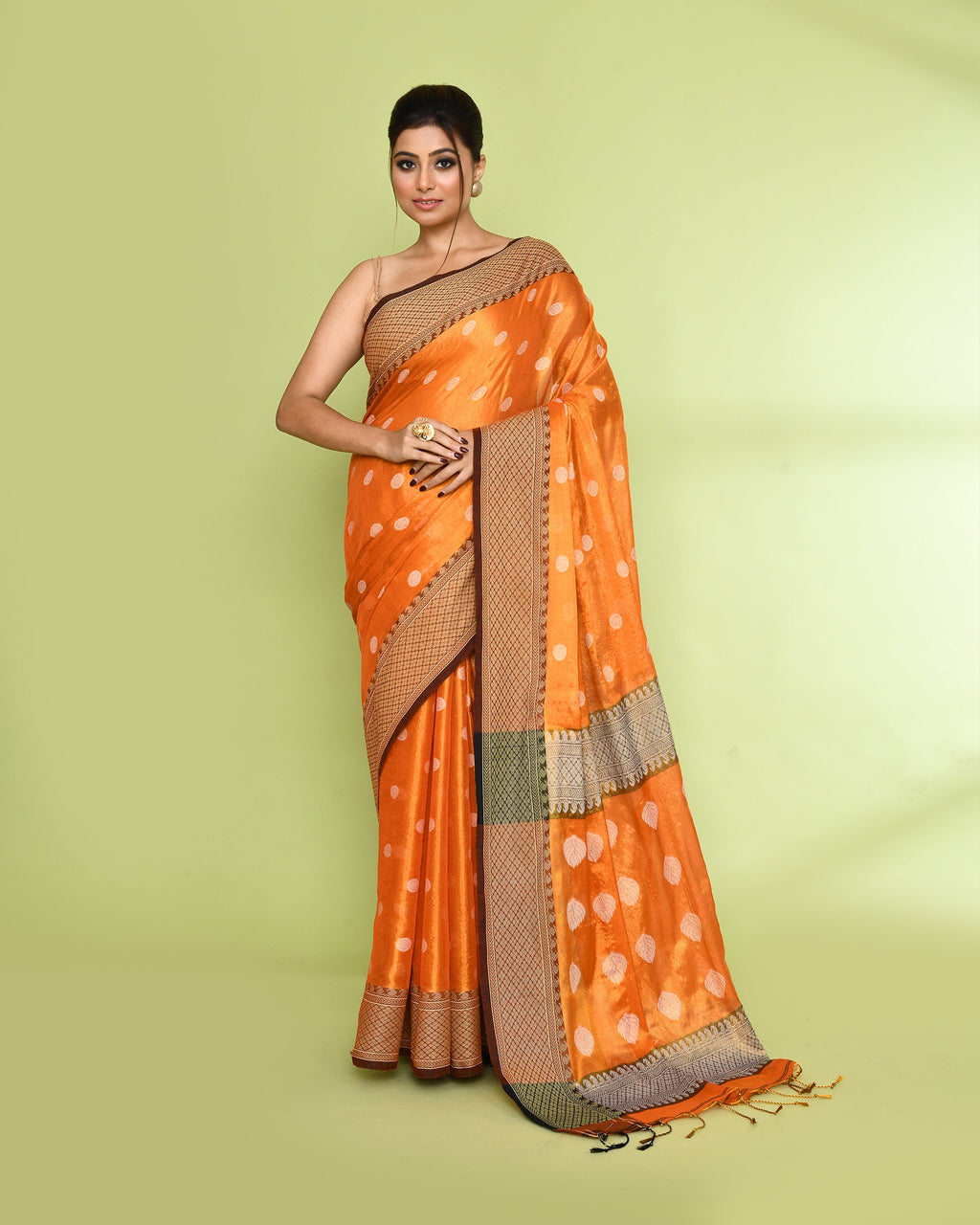 Piyari Fashion Women's Orange Zari Cotton Tissue Jamdani Saree