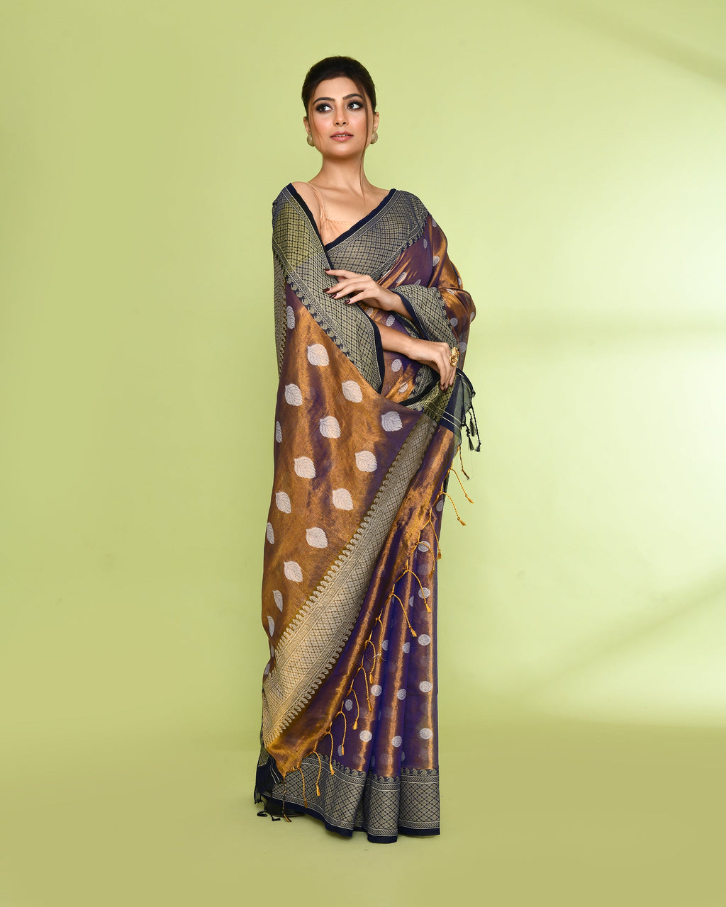 Piyari Fashion Women's Gold Blue Zari Cotton Tissue Jamdani Saree
