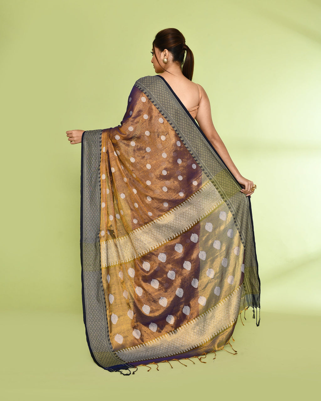 Piyari Fashion Women's Gold Blue Zari Cotton Tissue Jamdani Saree