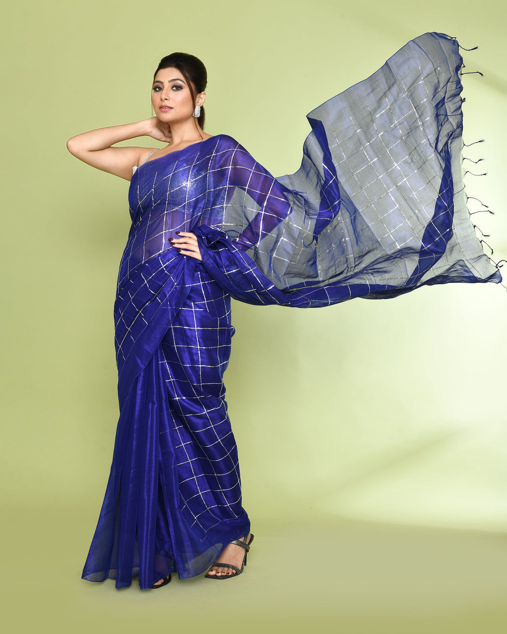 Piyari Fashion Women's Blue Zari Cotton Tissue Sequin Saree
