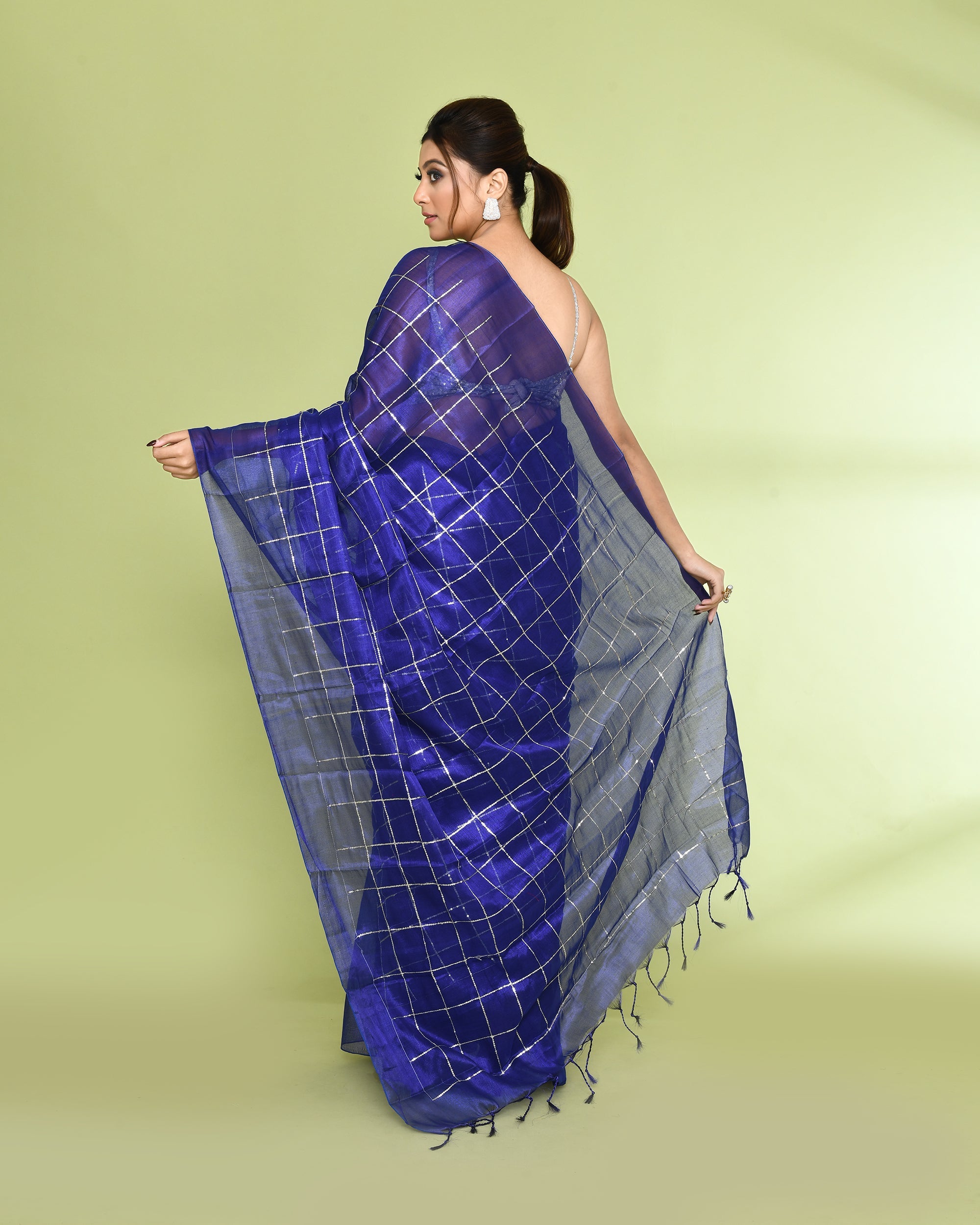 Piyari Fashion Women's Blue Zari Cotton Tissue Sequin Saree