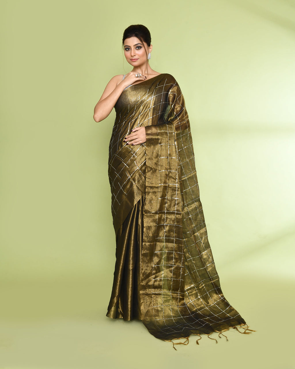 Piyari Fashion Women's Golden Zari Cotton Tissue Sequin Saree