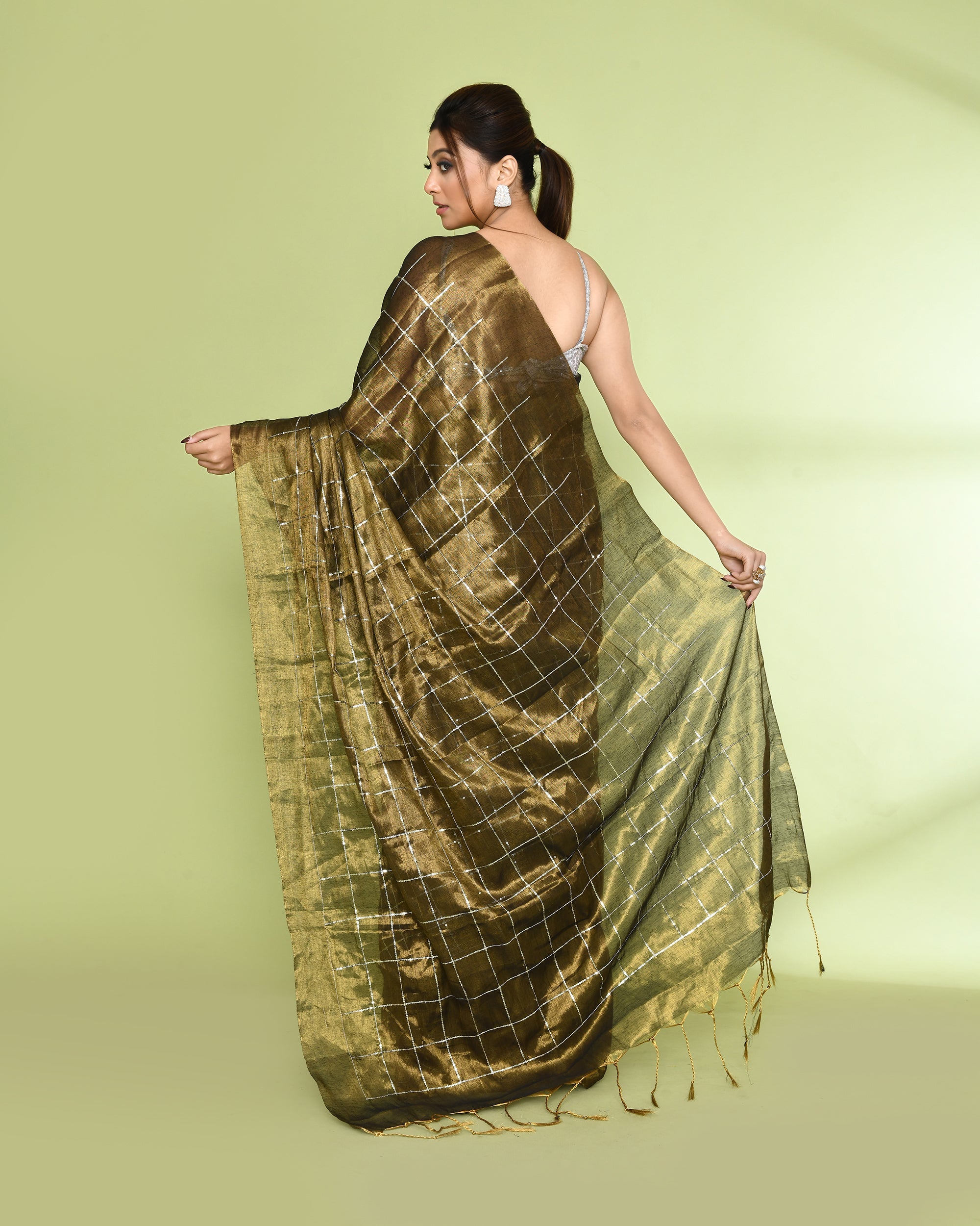 Piyari Fashion Women's Golden Zari Cotton Tissue Sequin Saree