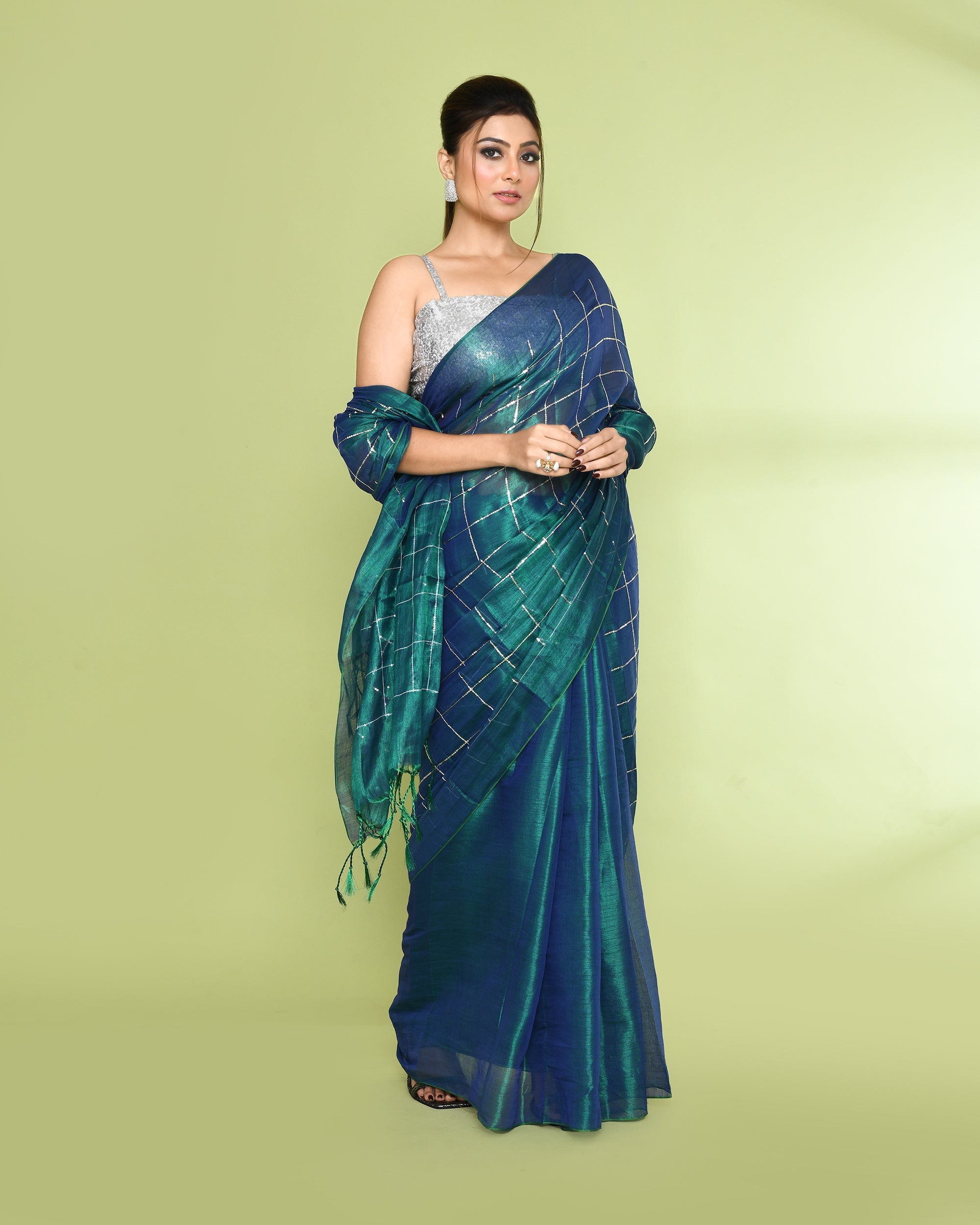Piyari Fashion Women's Blue Green Zari Cotton Tissue Sequin Saree