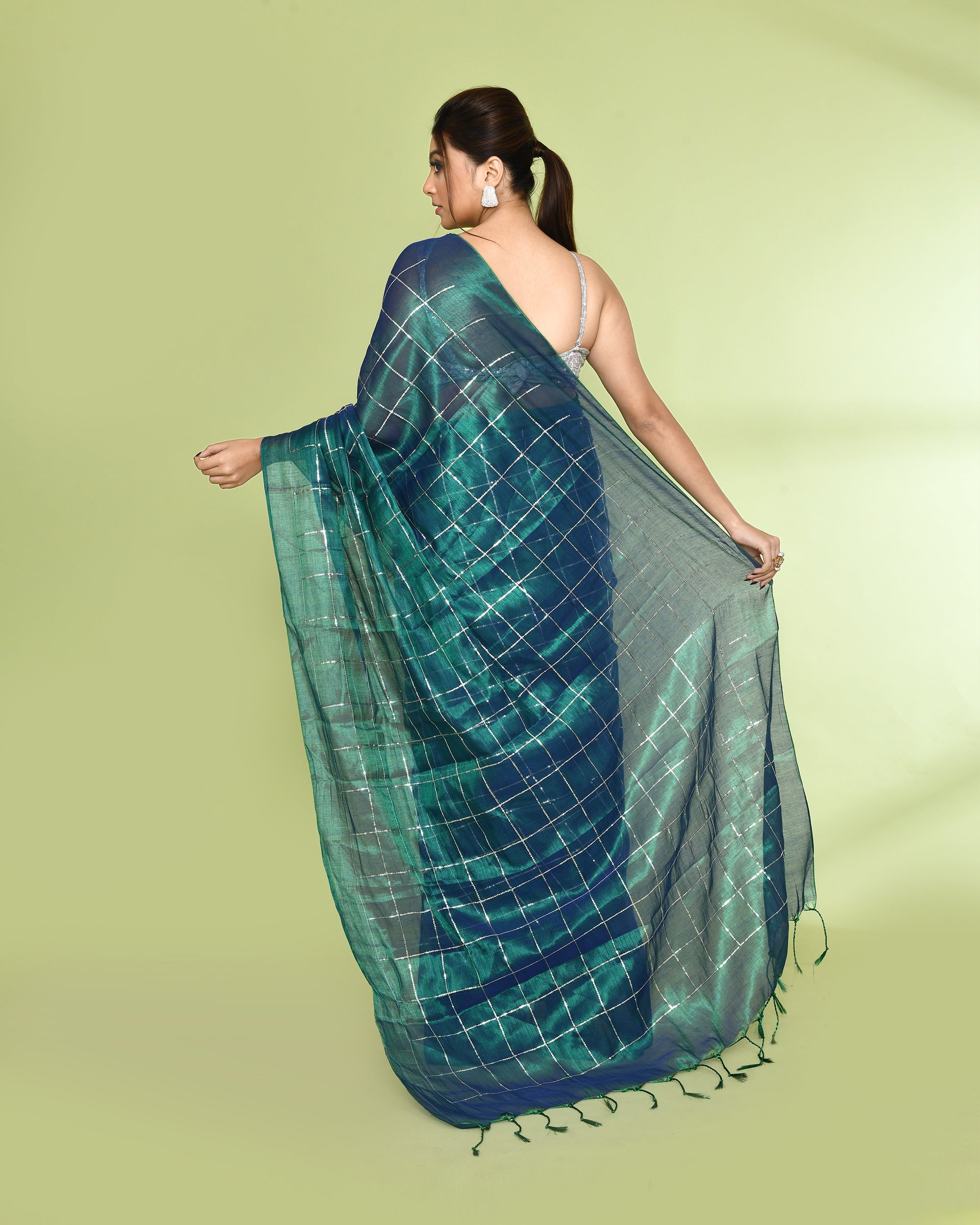 Piyari Fashion Women's Blue Green Zari Cotton Tissue Sequin Saree