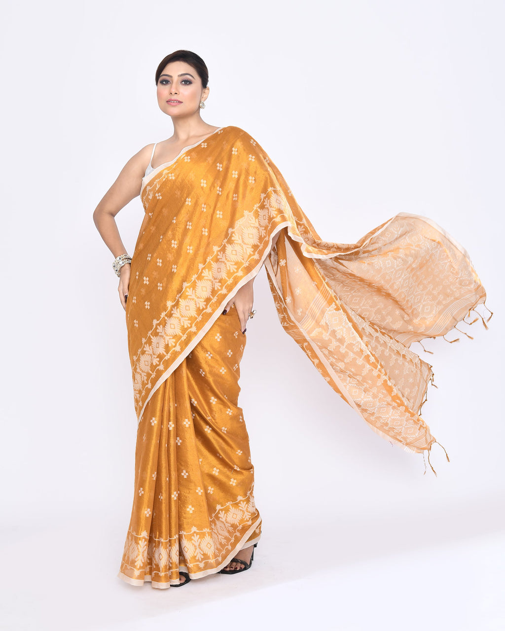 Piyari Fashion Women's Gold Zari Cotton Tissue Jamdani Saree