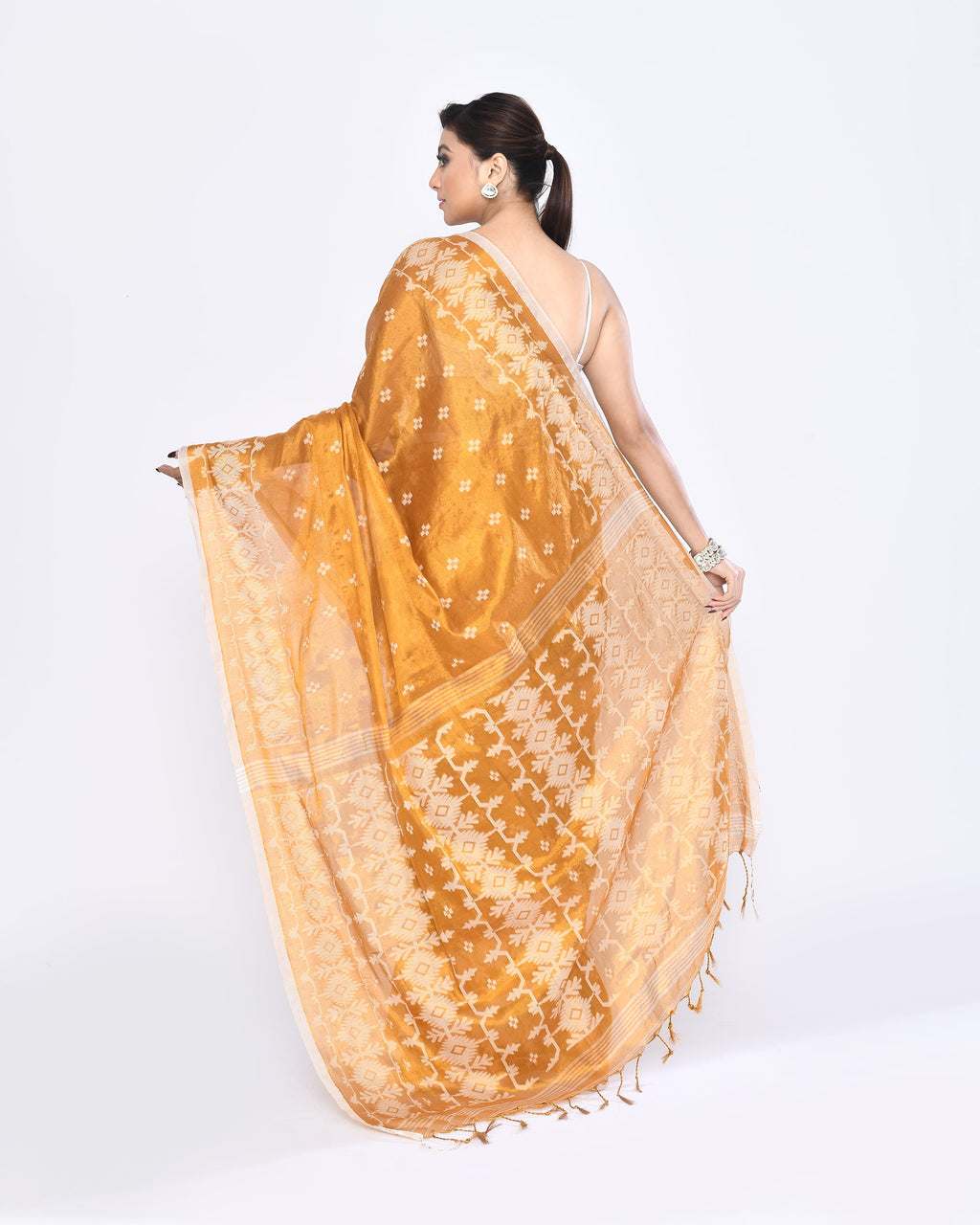 Piyari Fashion Women's Gold Zari Cotton Tissue Jamdani Saree