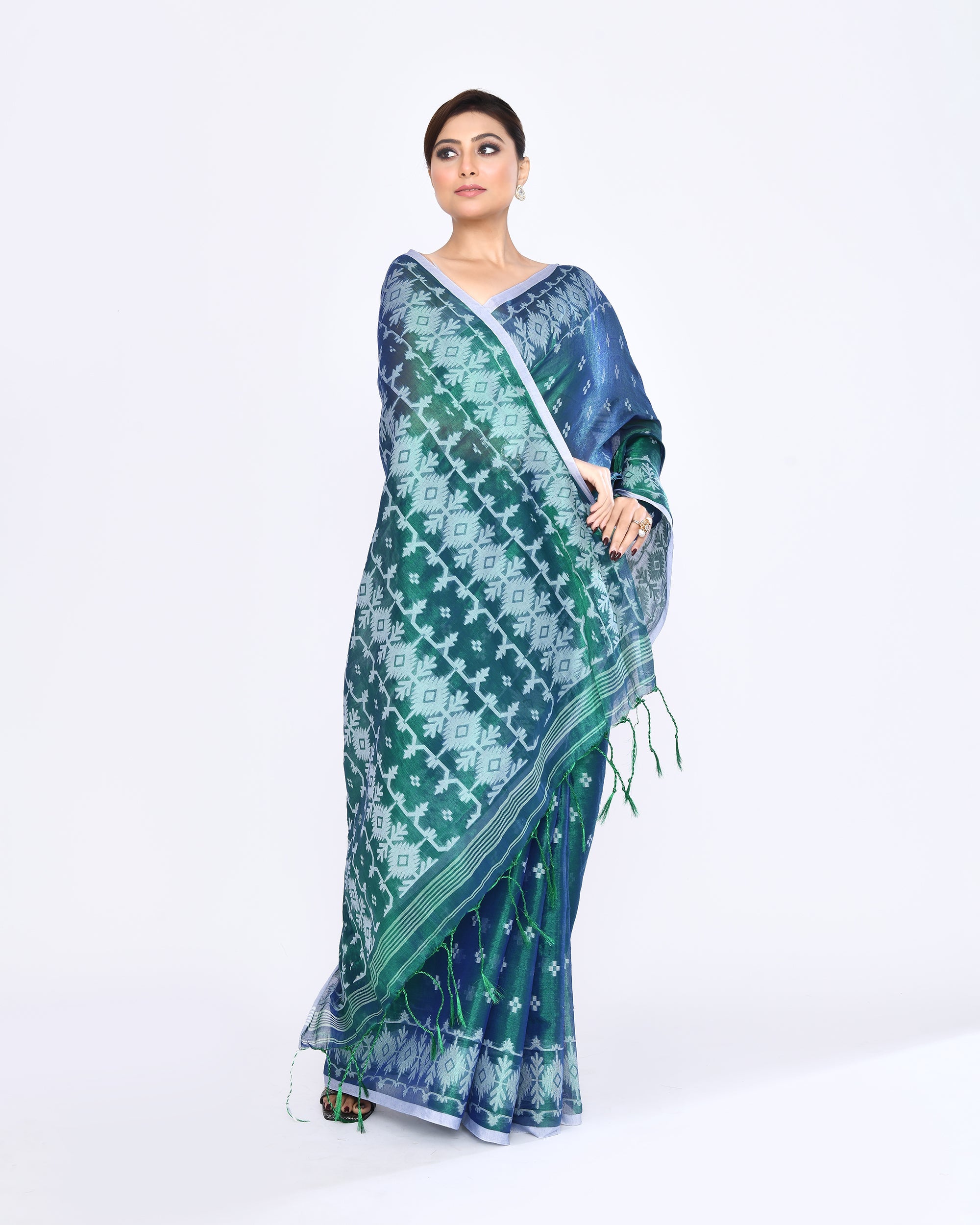 Piyari Fashion Women's Blue Green Zari Cotton Tissue Jamdani Saree