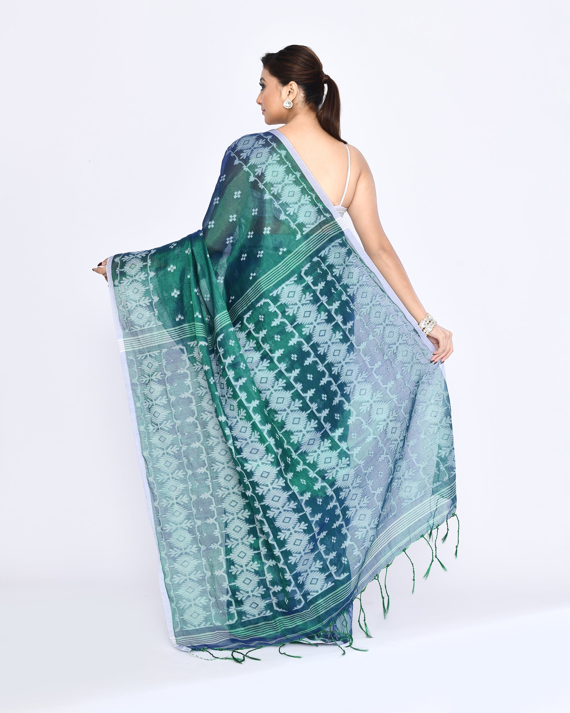 Piyari Fashion Women's Blue Green Zari Cotton Tissue Jamdani Saree