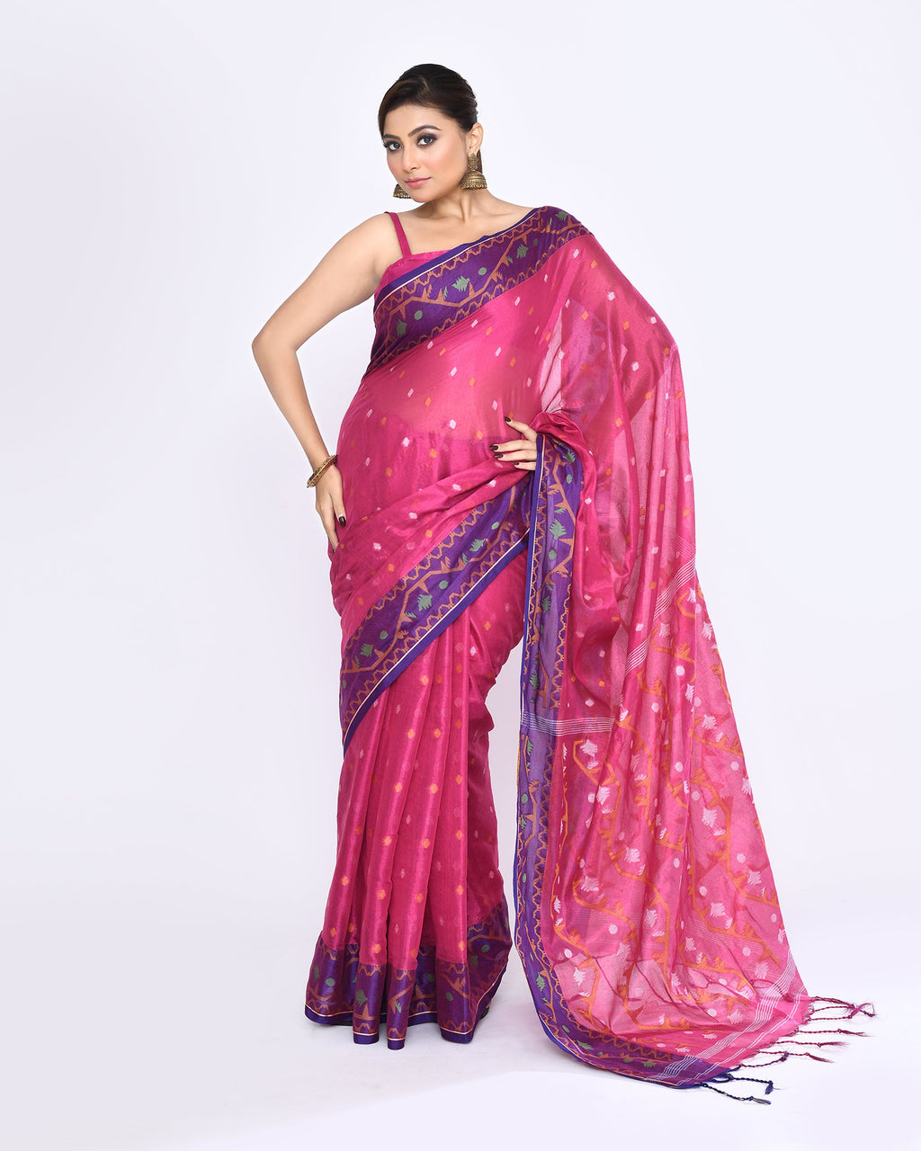 Piyari Fashion Women's Pink Zari Cotton Tissue Jamdani Saree