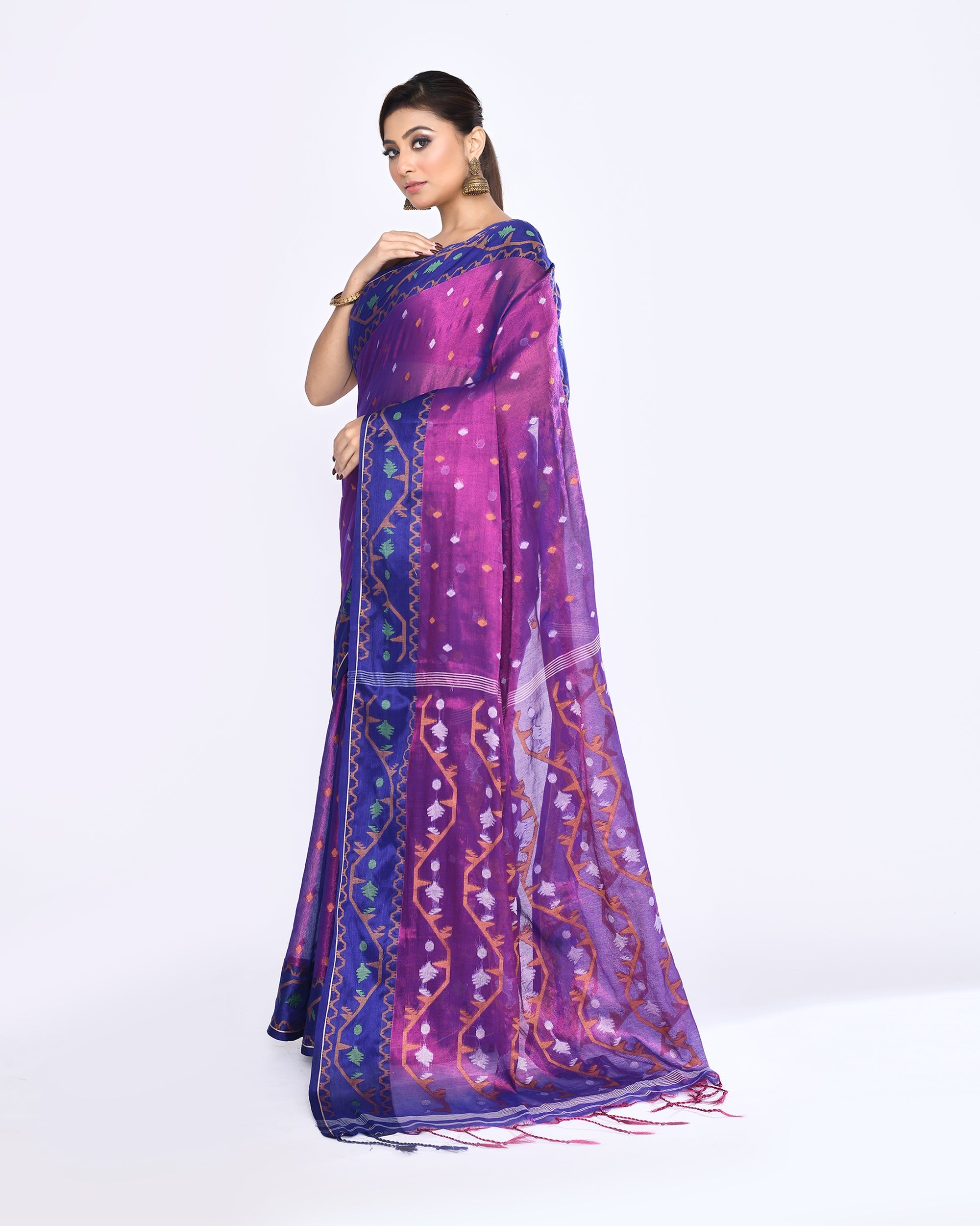 Piyari Fashion Women's Pink Blue Zari Cotton Tissue Jamdani Saree