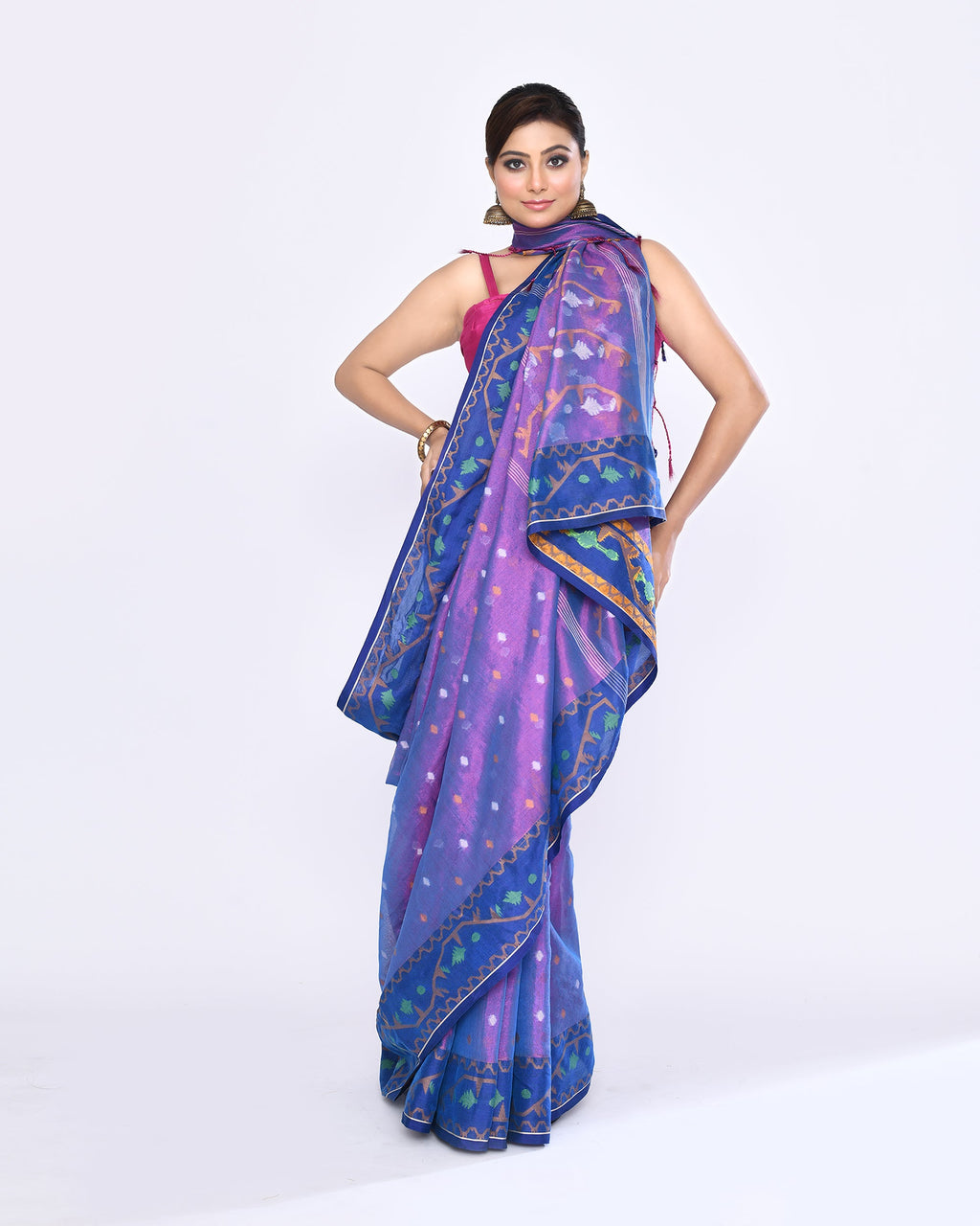 Piyari Fashion Women's Pink Blue Zari Cotton Tissue Jamdani Saree