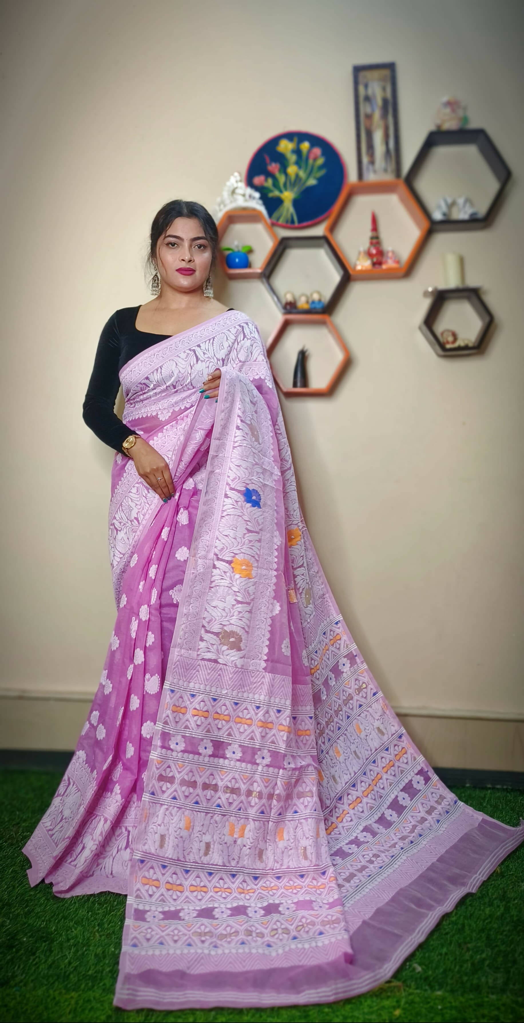 Exclusive Collection Handloom Dhakai Jamdani Saree - Pink