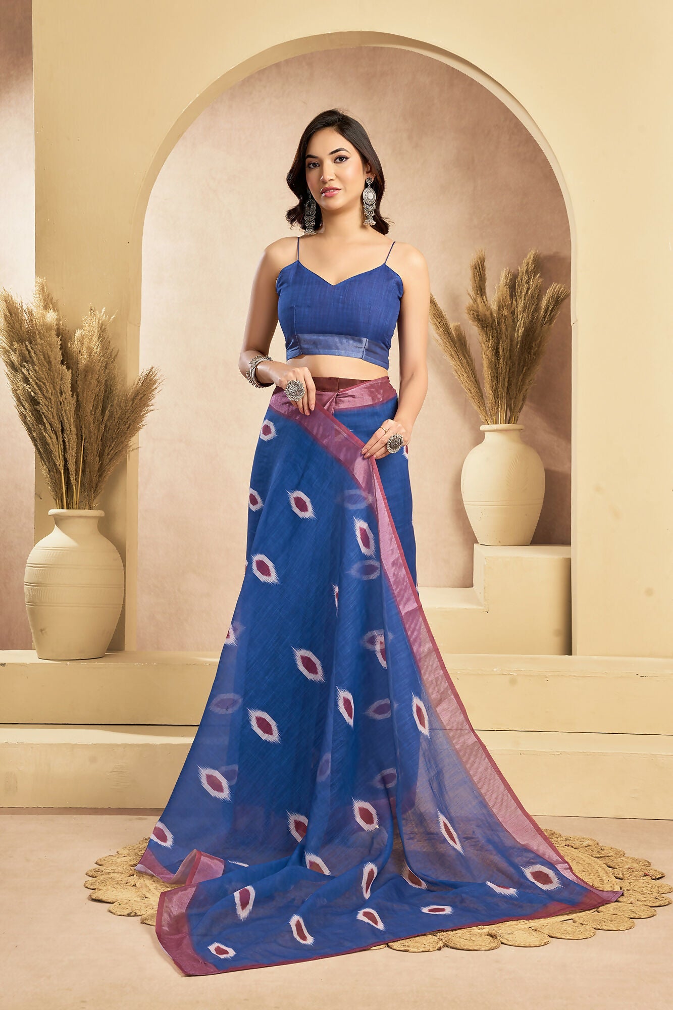 Vastranavya Blue Digital Printed Linen Ready To Wear Pocket Saree with Unstitched Blouse