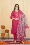 Red Viscose Chanderi Embroidered Stitched Suit With Dupatta - Tanisha
