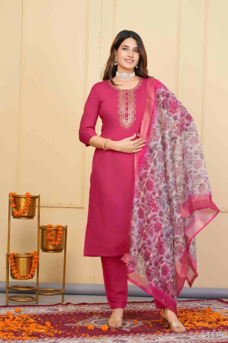 Red Viscose Chanderi Embroidered Stitched Suit With Dupatta - Tanisha