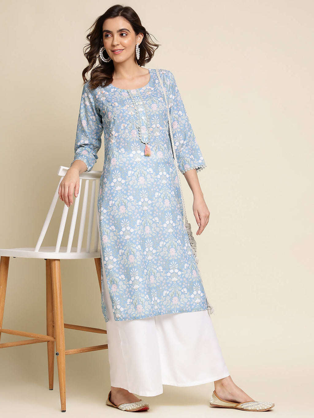 Blue Linen Floral Printed Straight Fit Kurta - Prasuti