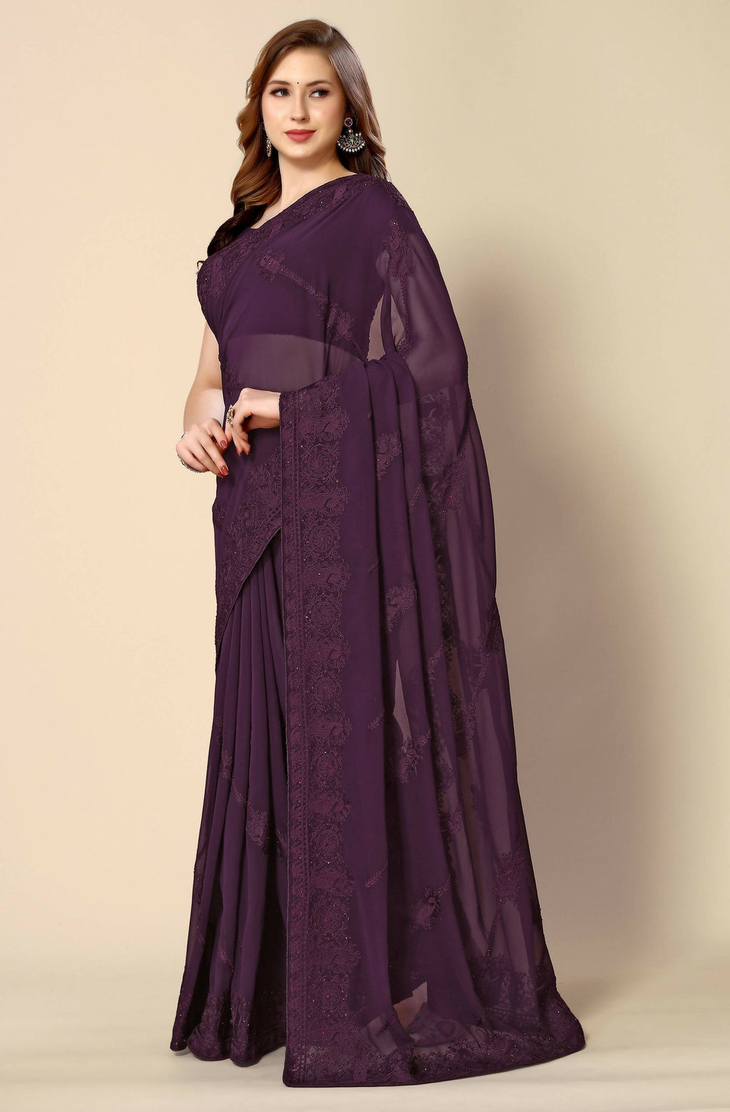 Purple Georgette Embroidered and Stone Work Saree with Unstitched Blouse Piece - Roozal