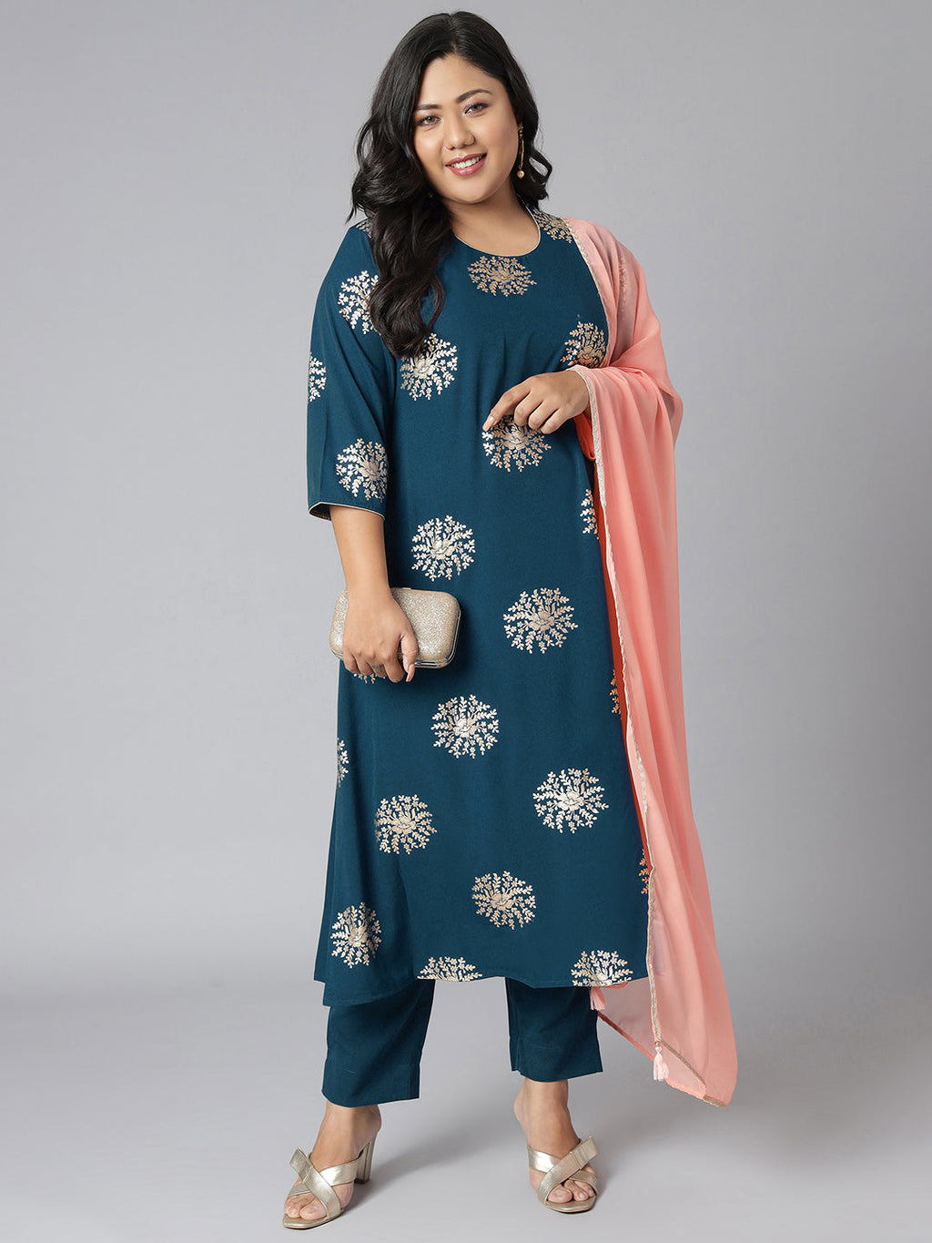 Janasya Women's Teal Poly Crepe A-Line Party Kurta Set