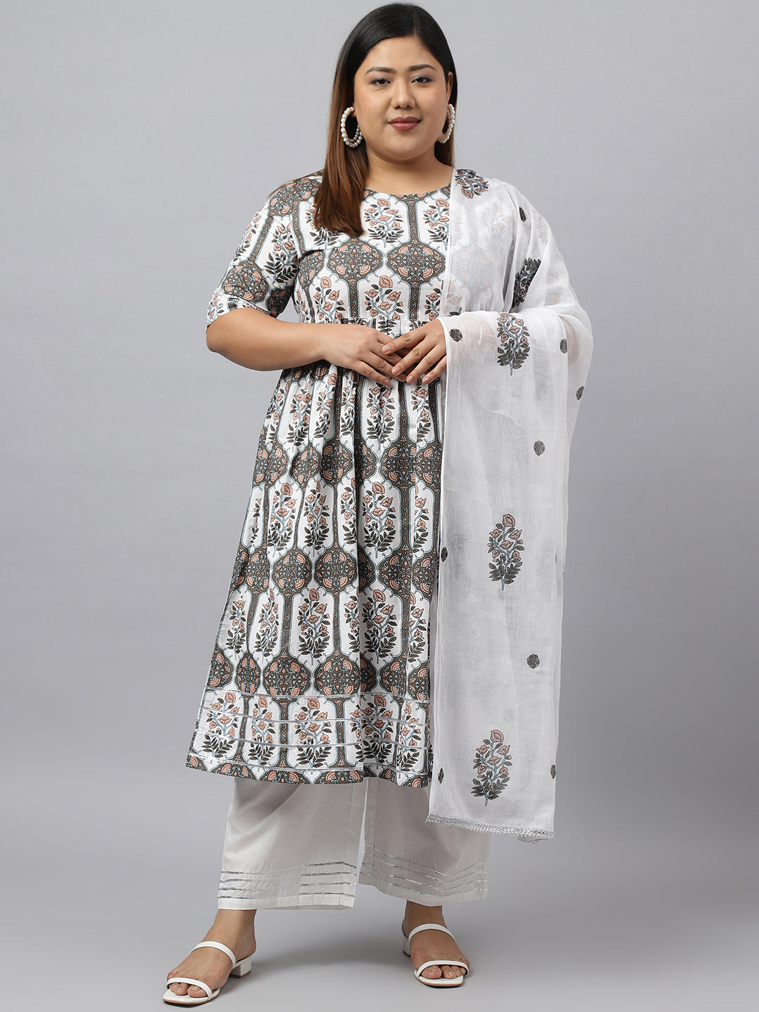 Janasya Women's White Cotton Flared Casual Kurta Set