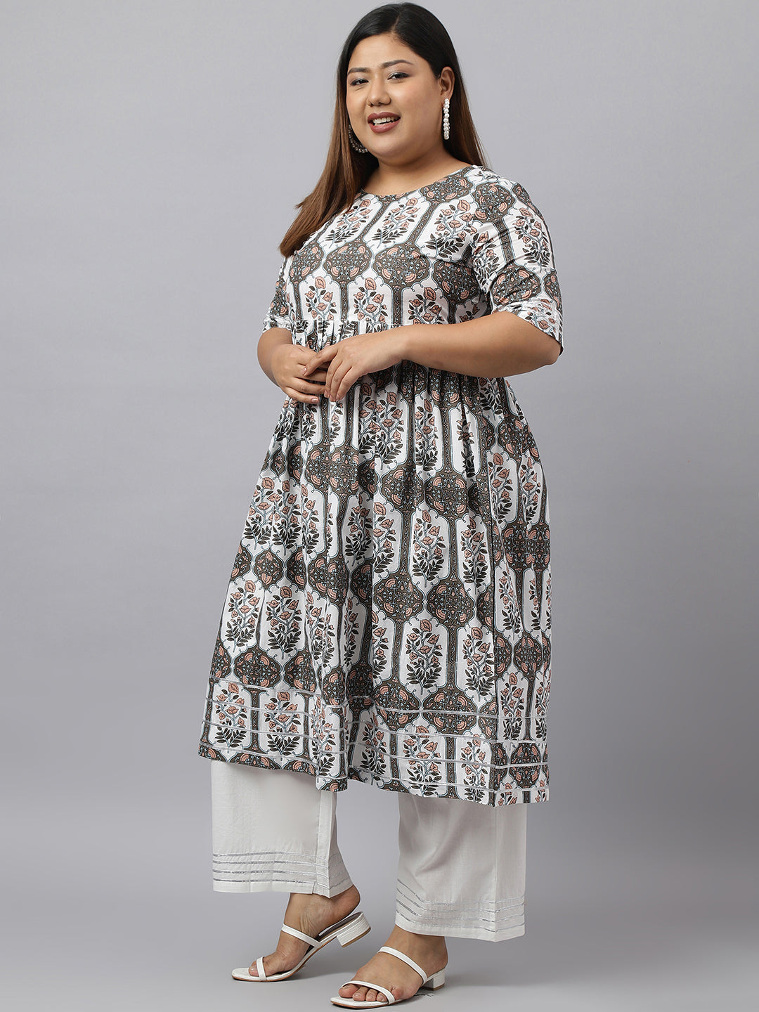 Janasya Women's White Cotton Flared Casual Kurta Set