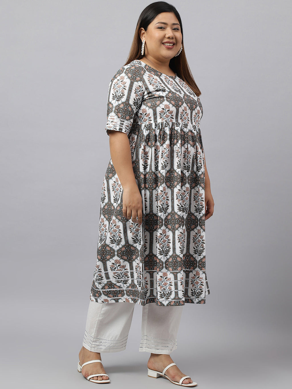 Janasya Women's White Cotton Flared Casual Kurta Set