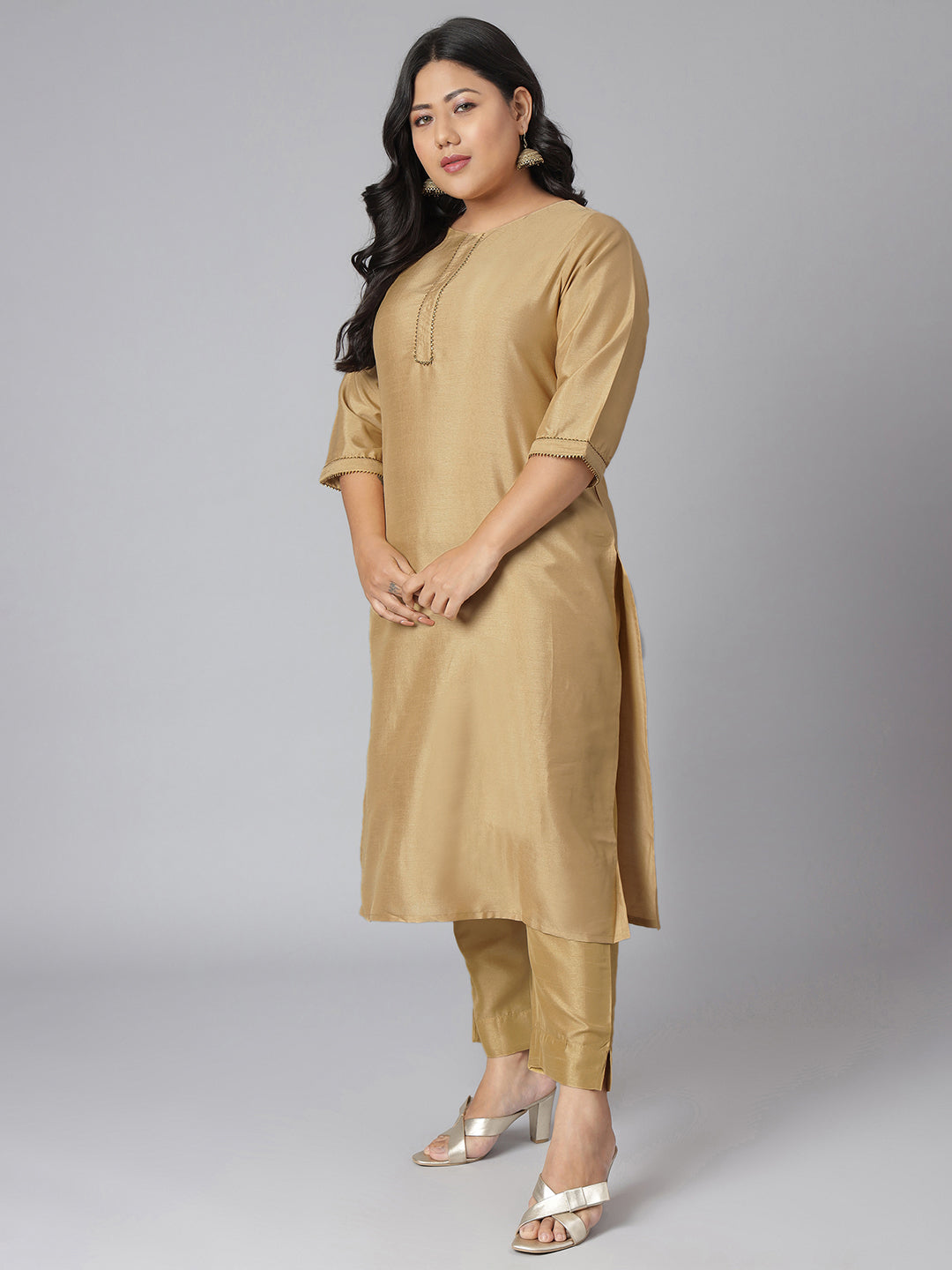 Janasya Women's Gold Poly Silk Straight Festive Kurta Set
