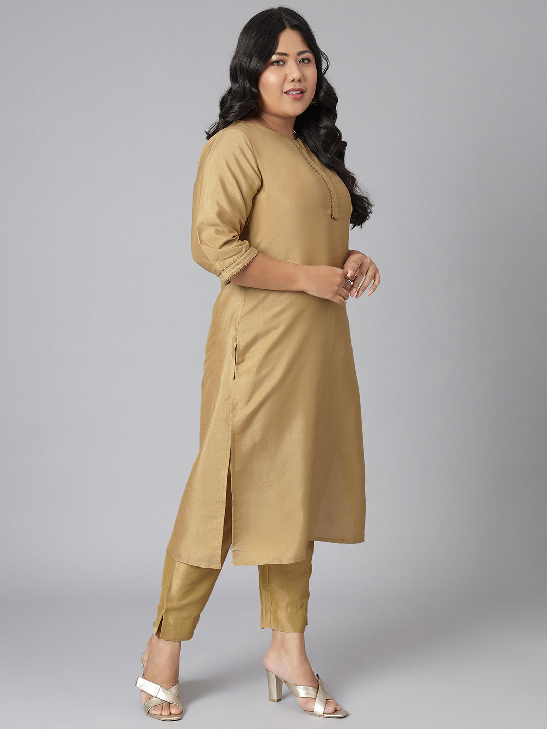 Janasya Women's Gold Poly Silk Straight Festive Kurta Set