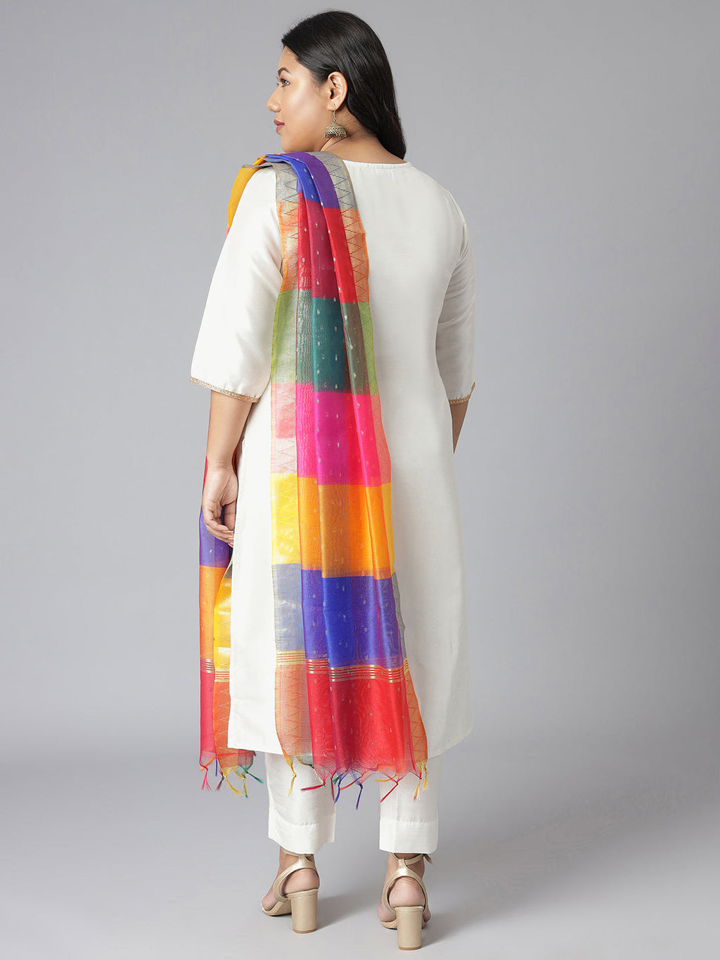 Janasya Women's Off-White Poly Silk Straight Festive Kurta Set