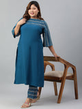 Janasya Women's Teal Poly Crepe Straight Casual Kurta Set