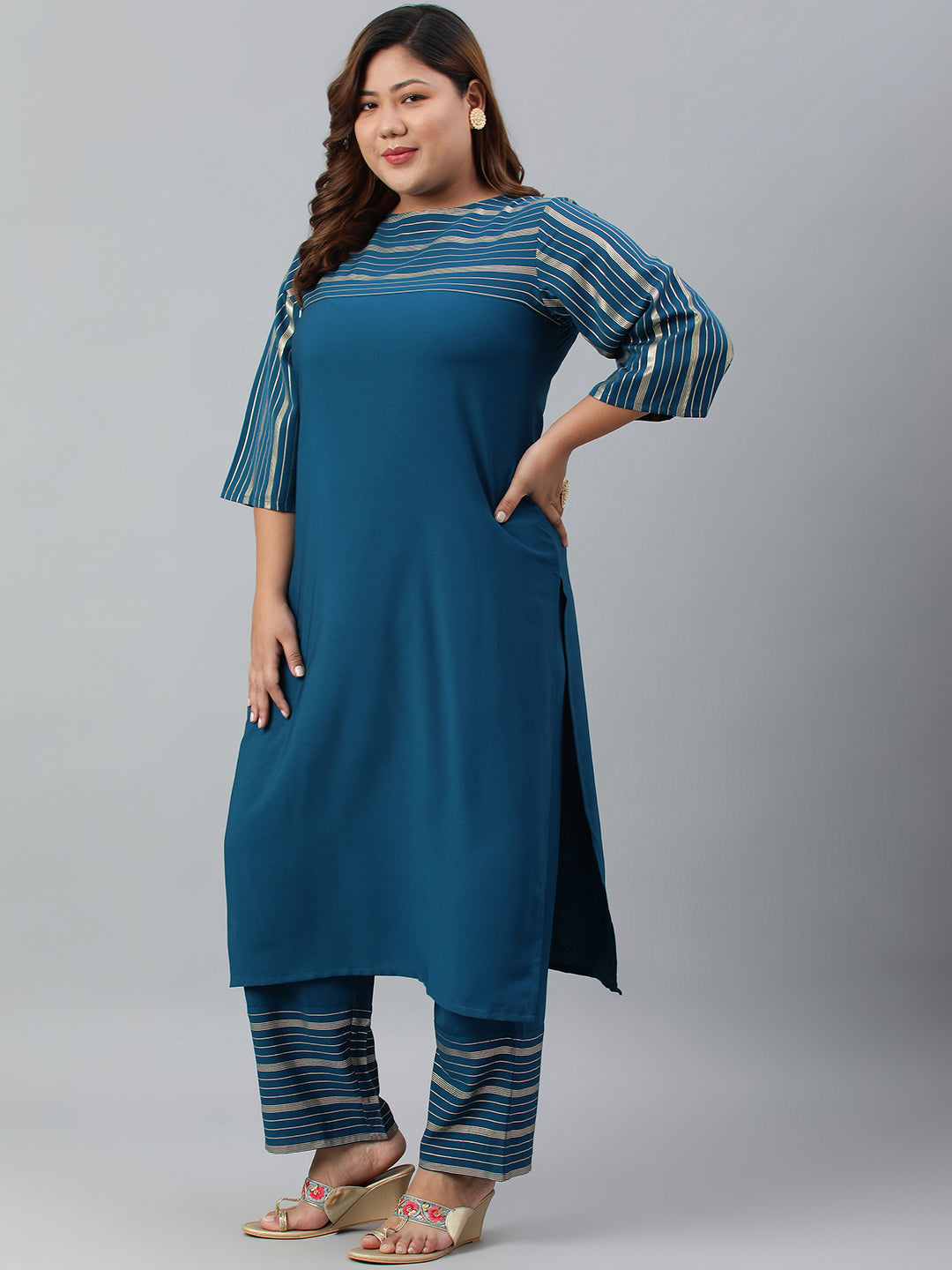 Janasya Women's Teal Poly Crepe Straight Casual Kurta Set