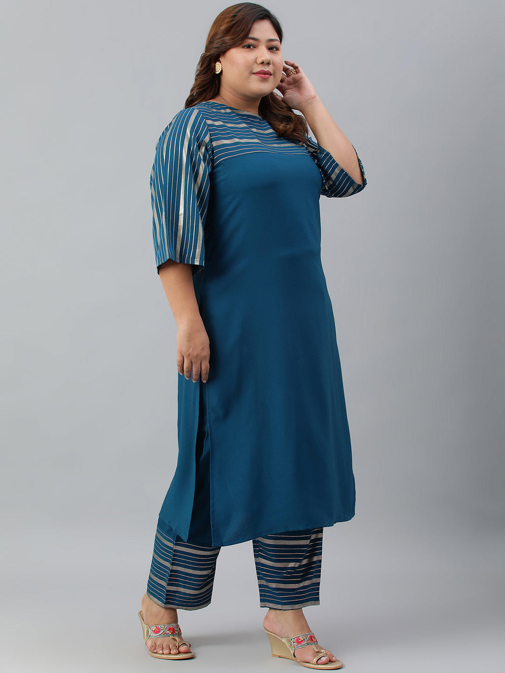 Janasya Women's Teal Poly Crepe Straight Casual Kurta Set