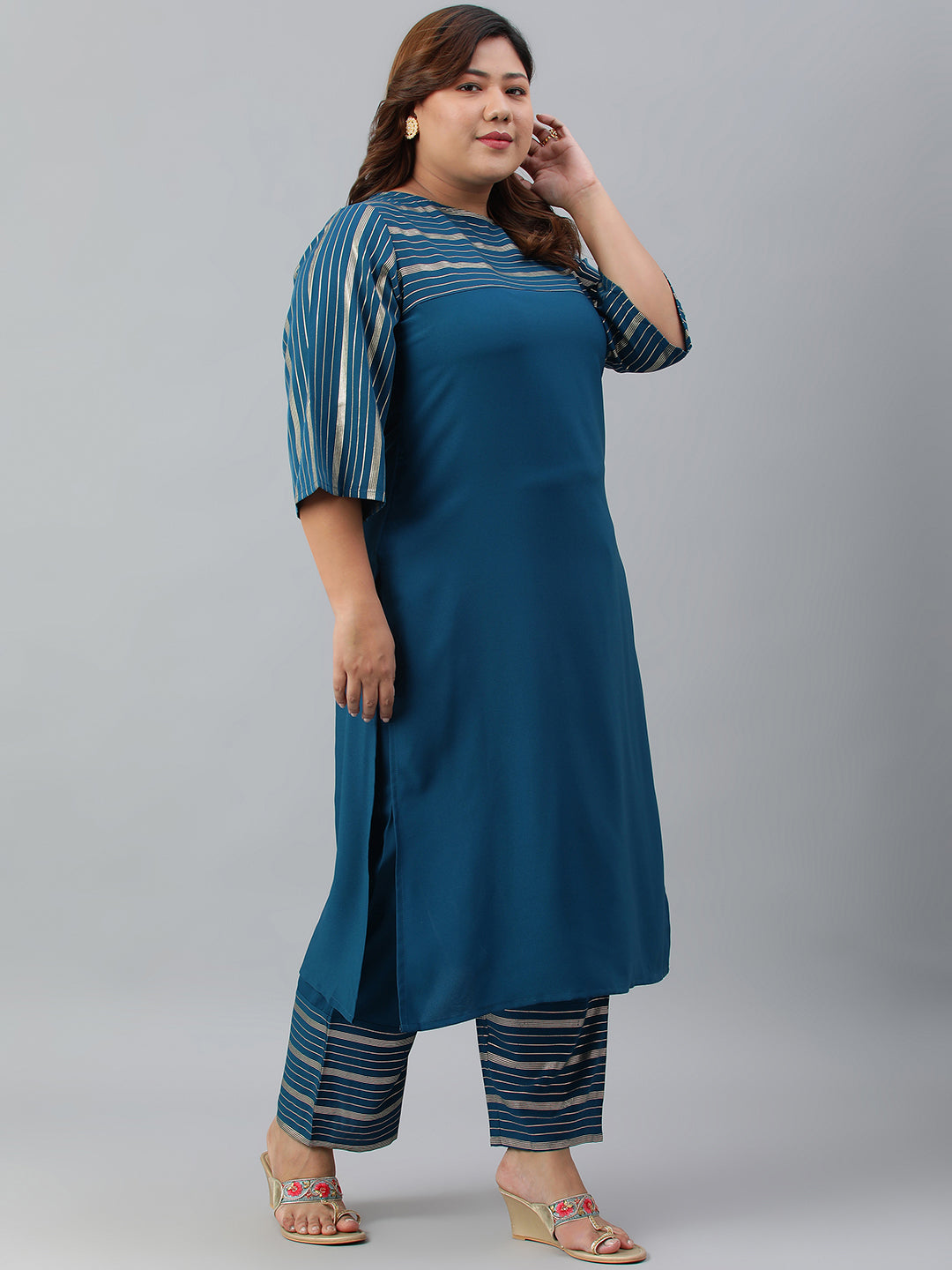 Janasya Women's Teal Poly Crepe Straight Casual Kurta Set