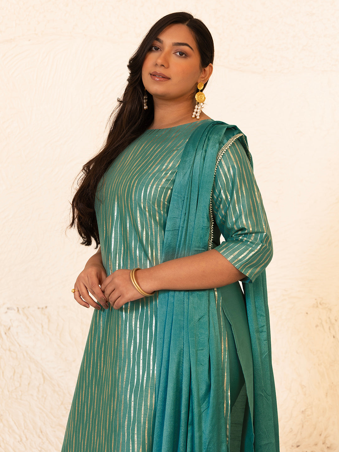 Janasya Green Poly Silk Foil Printed Set