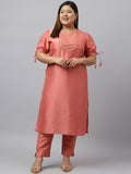 Janasya Women's Peach Poly Silk Straight Festive Kurta Set