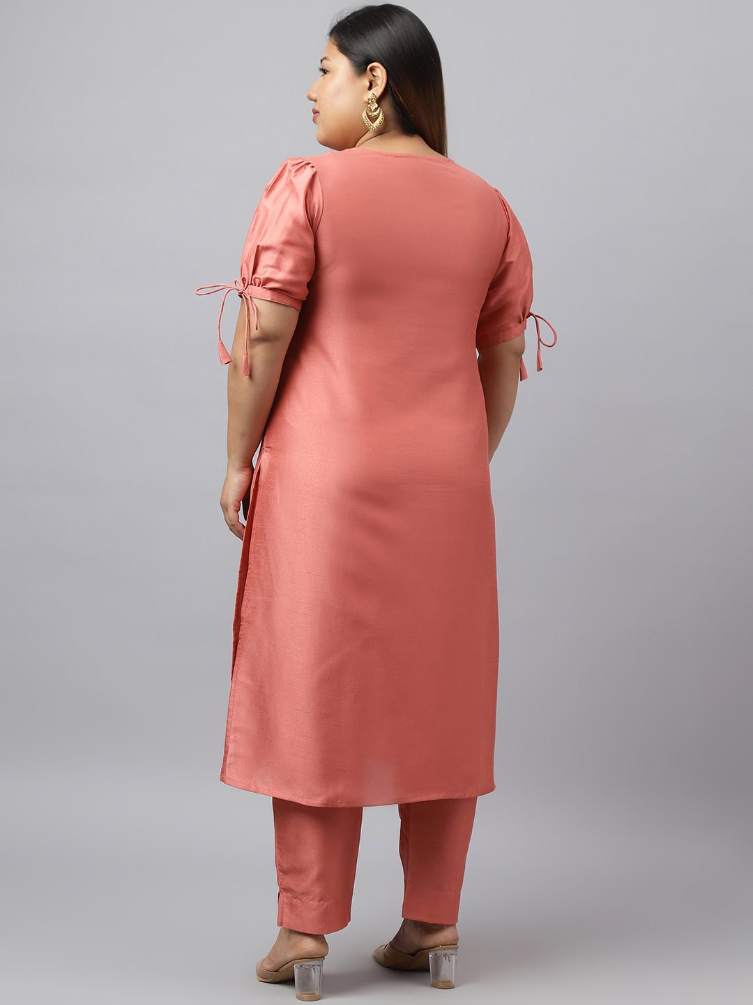 Janasya Women's Peach Poly Silk Straight Festive Kurta Set