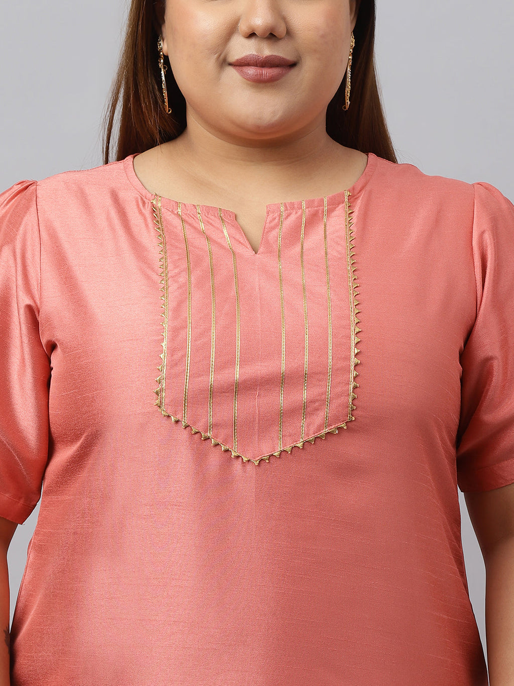Janasya Women's Peach Poly Silk Straight Festive Kurta Set
