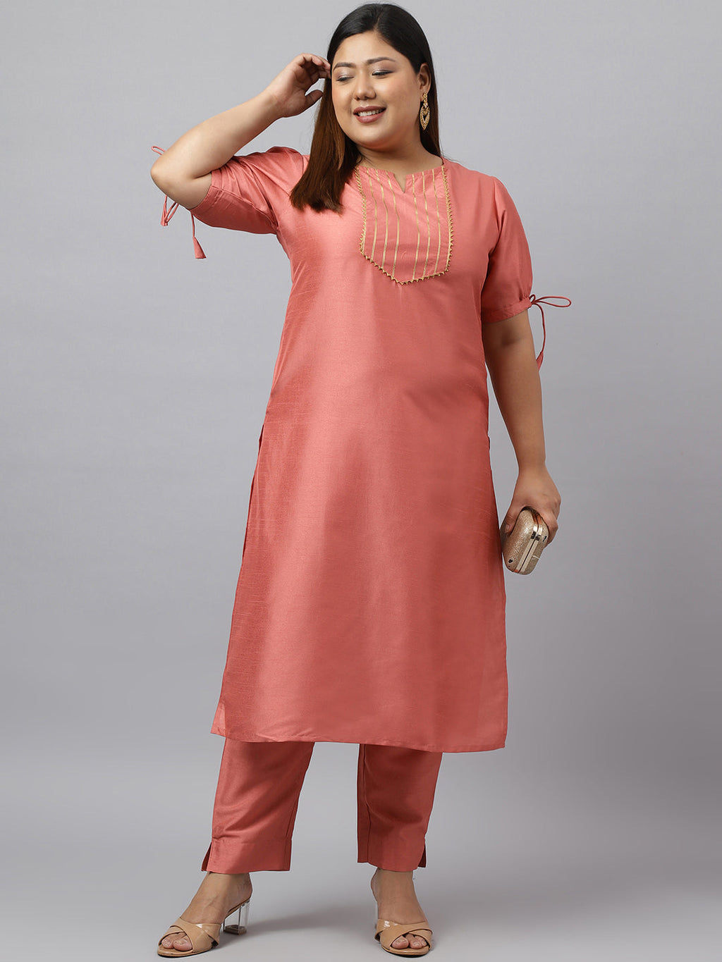 Janasya Women's Peach Poly Silk Straight Festive Kurta Set