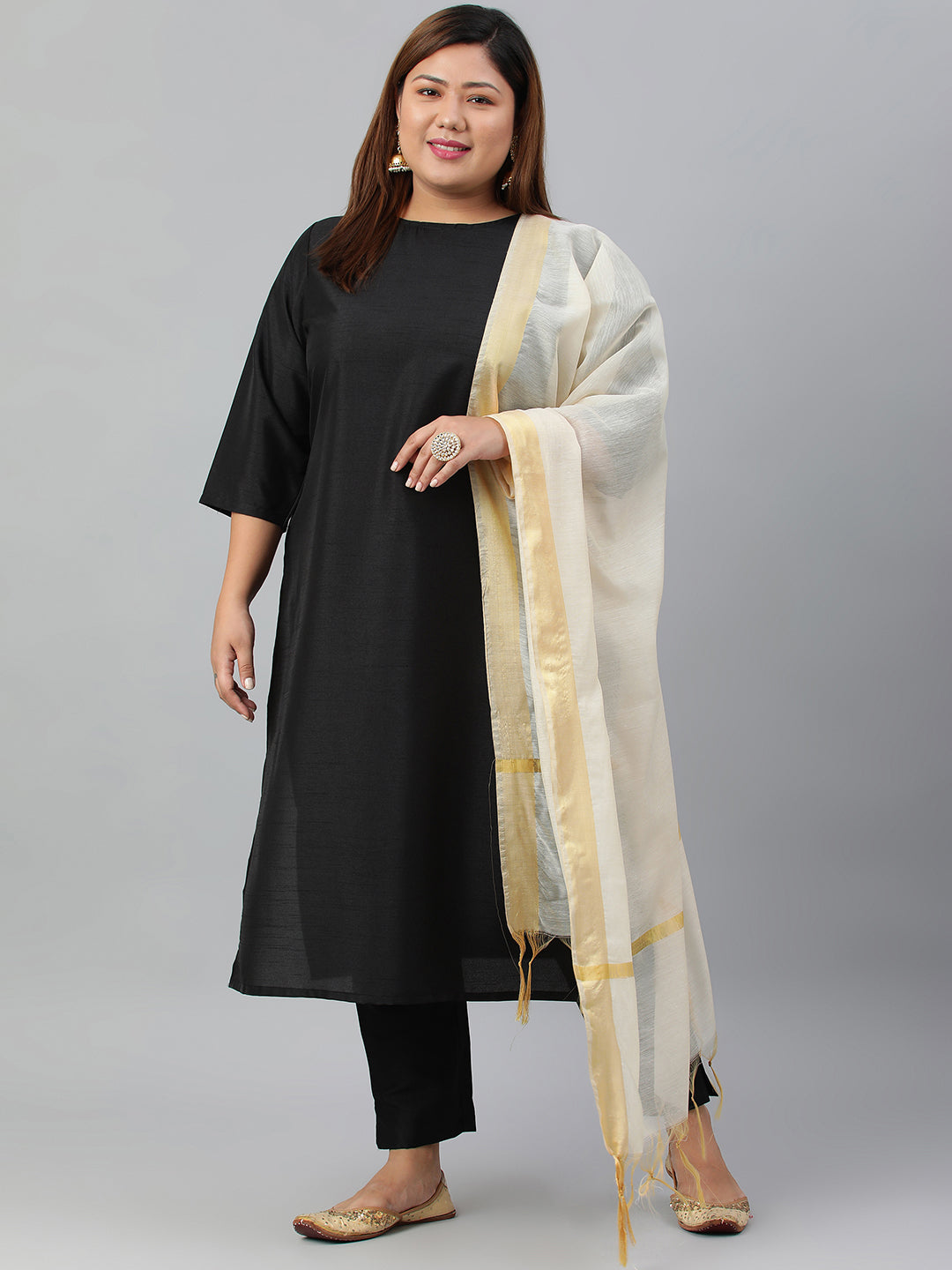 Janasya Women's Black Poly Silk Straight Casual Kurta Set