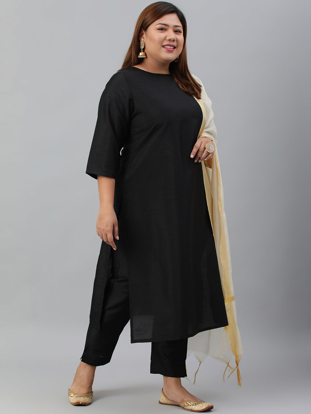 Janasya Women's Black Poly Silk Straight Casual Kurta Set