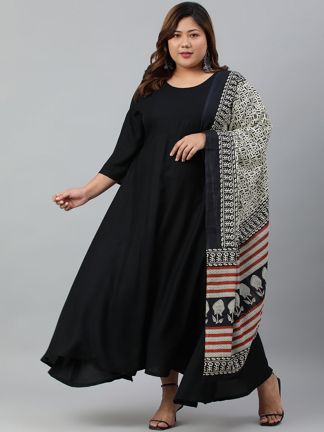 Janasya XL LOVE by Janasya Women's Plus Size Black Rayon Kurta With and Dupatta