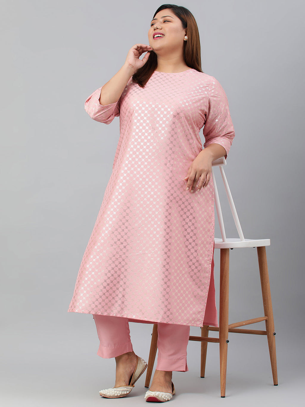 Janasya Women's Pink Poly Silk Straight Festive Kurta Set