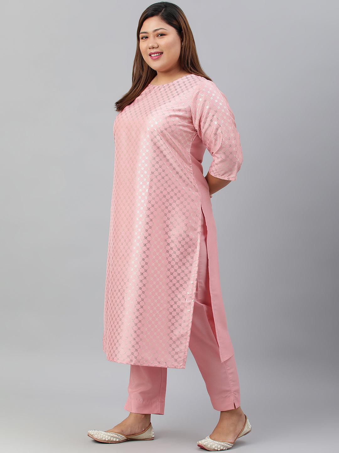 Janasya Women's Pink Poly Silk Straight Festive Kurta Set