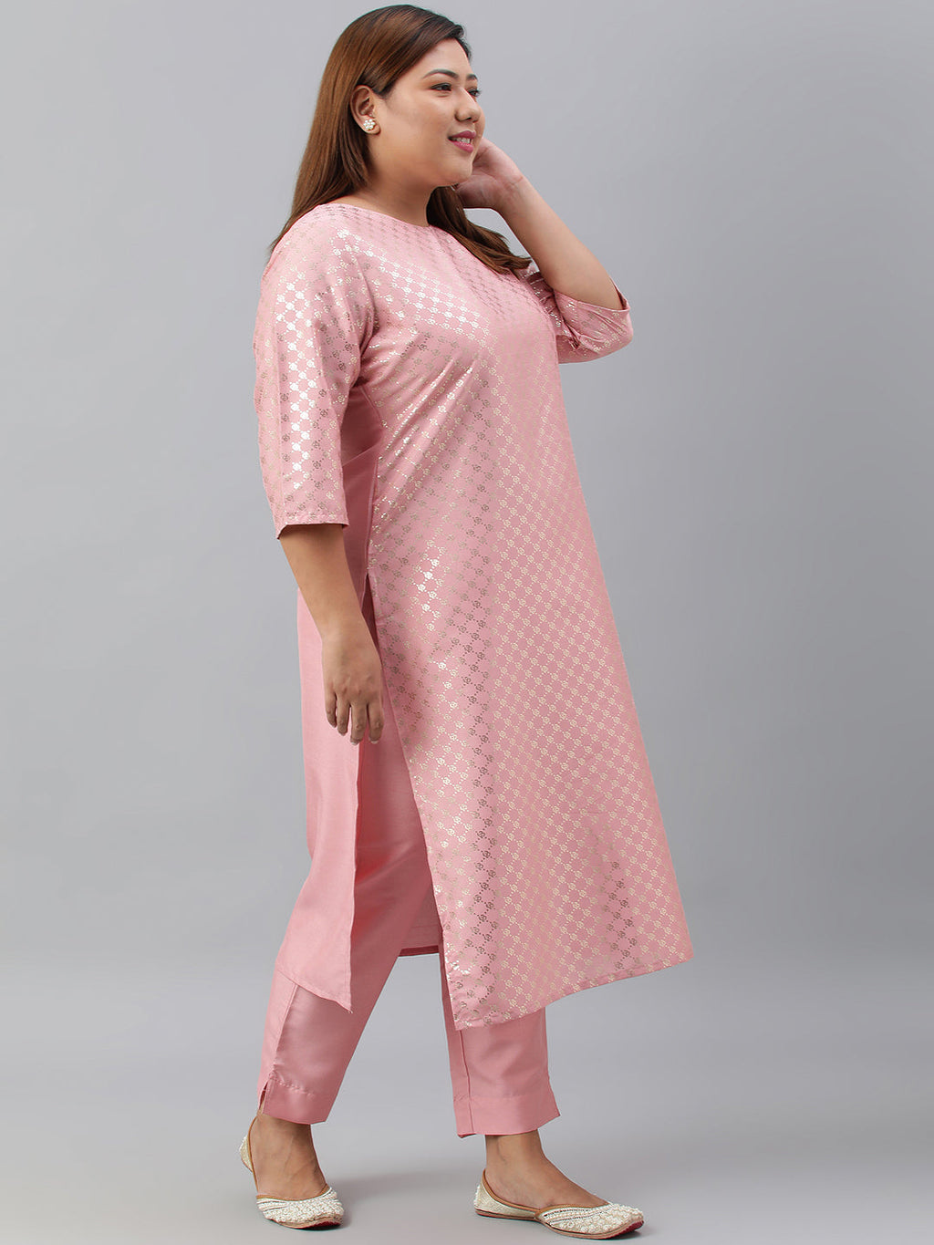 Janasya Women's Pink Poly Silk Straight Festive Kurta Set