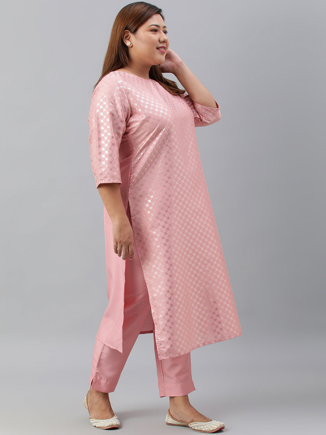Janasya Women's Pink Poly Silk Straight Festive Kurta Set