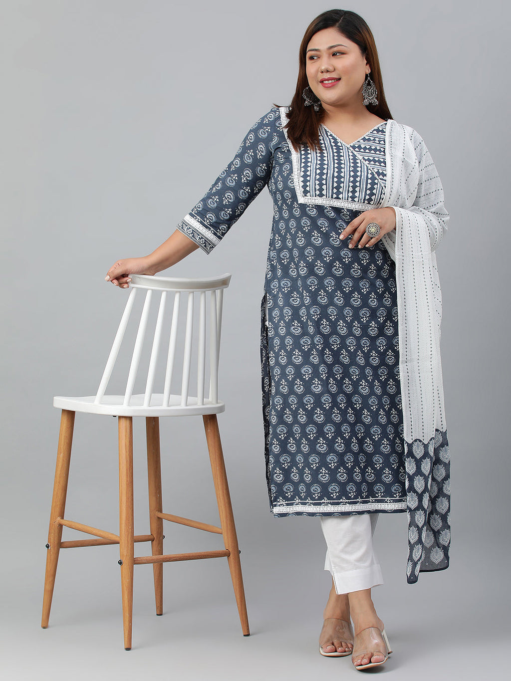Janasya XL LOVE by Janasya Women's Plus Size Blue Cotton Kurta With Pant and Dupatta