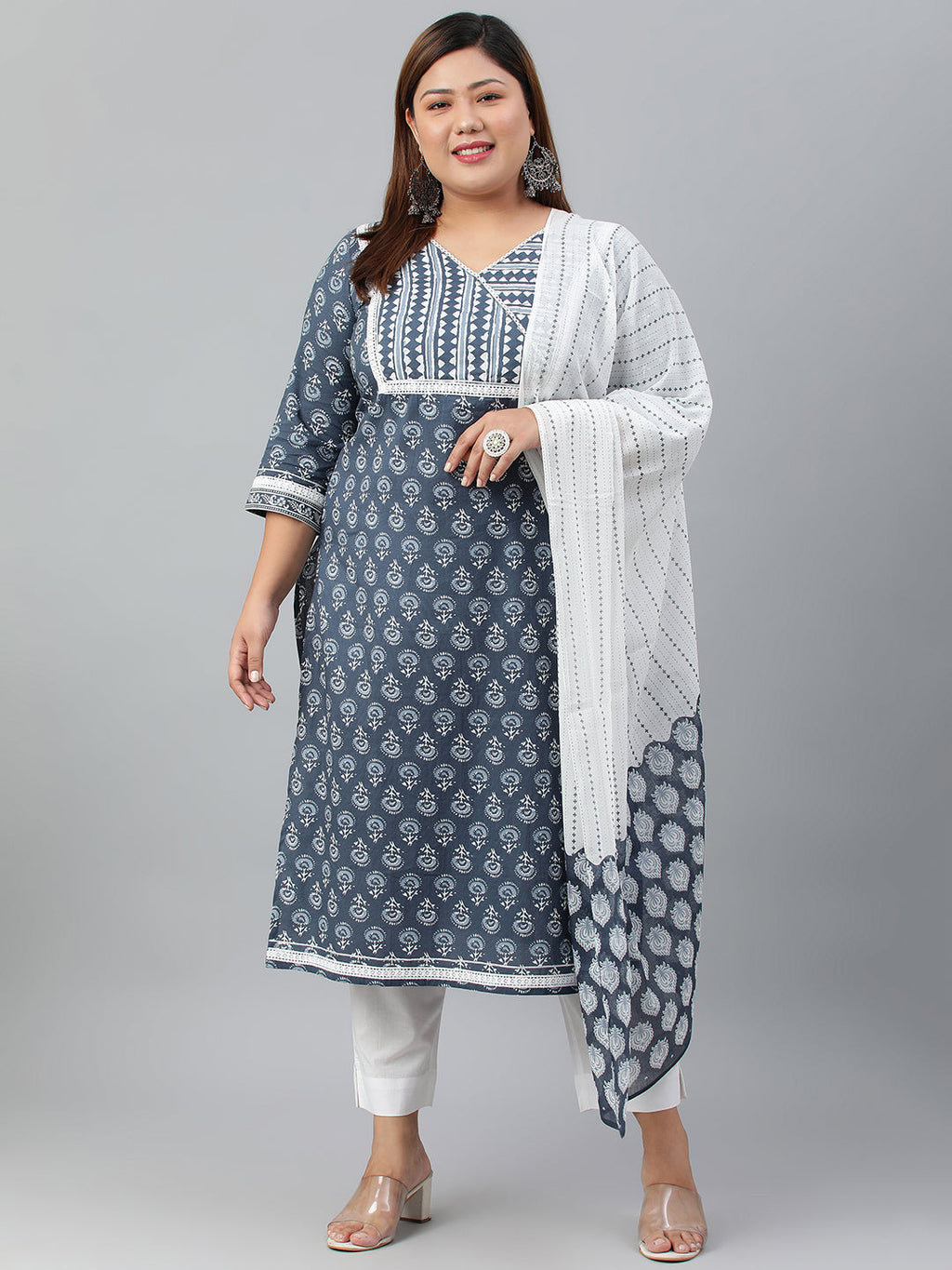Janasya XL LOVE by Janasya Women's Plus Size Blue Cotton Kurta With Pant and Dupatta