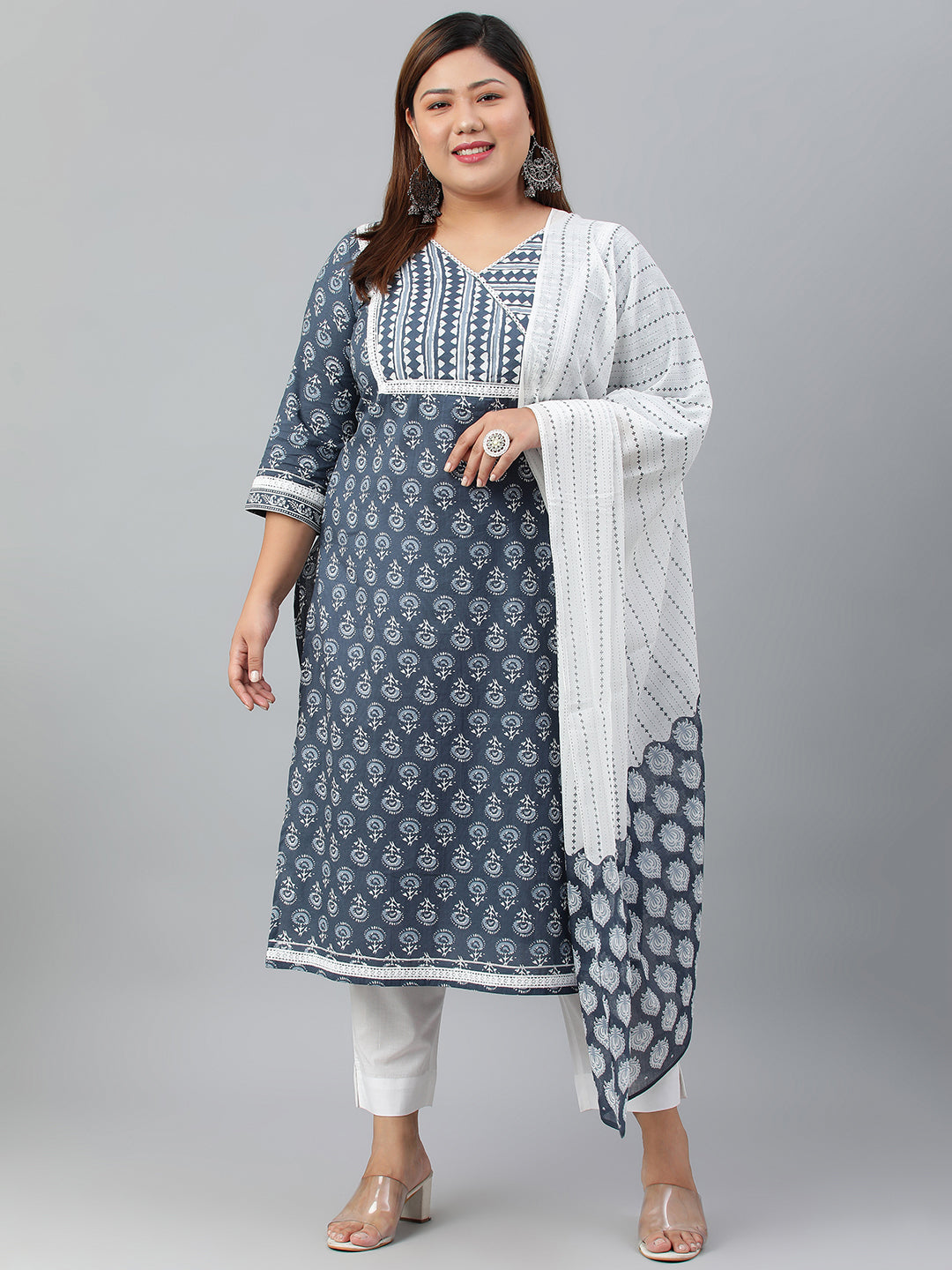 Janasya XL LOVE by Janasya Women's Plus Size Blue Cotton Kurta With Pant and Dupatta